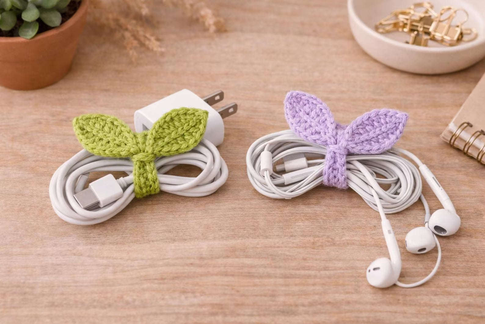 2-in-1 Crochet Leaf Cable Holder & Bookmark Pattern | Easy Sprout Cord Organizer PDF