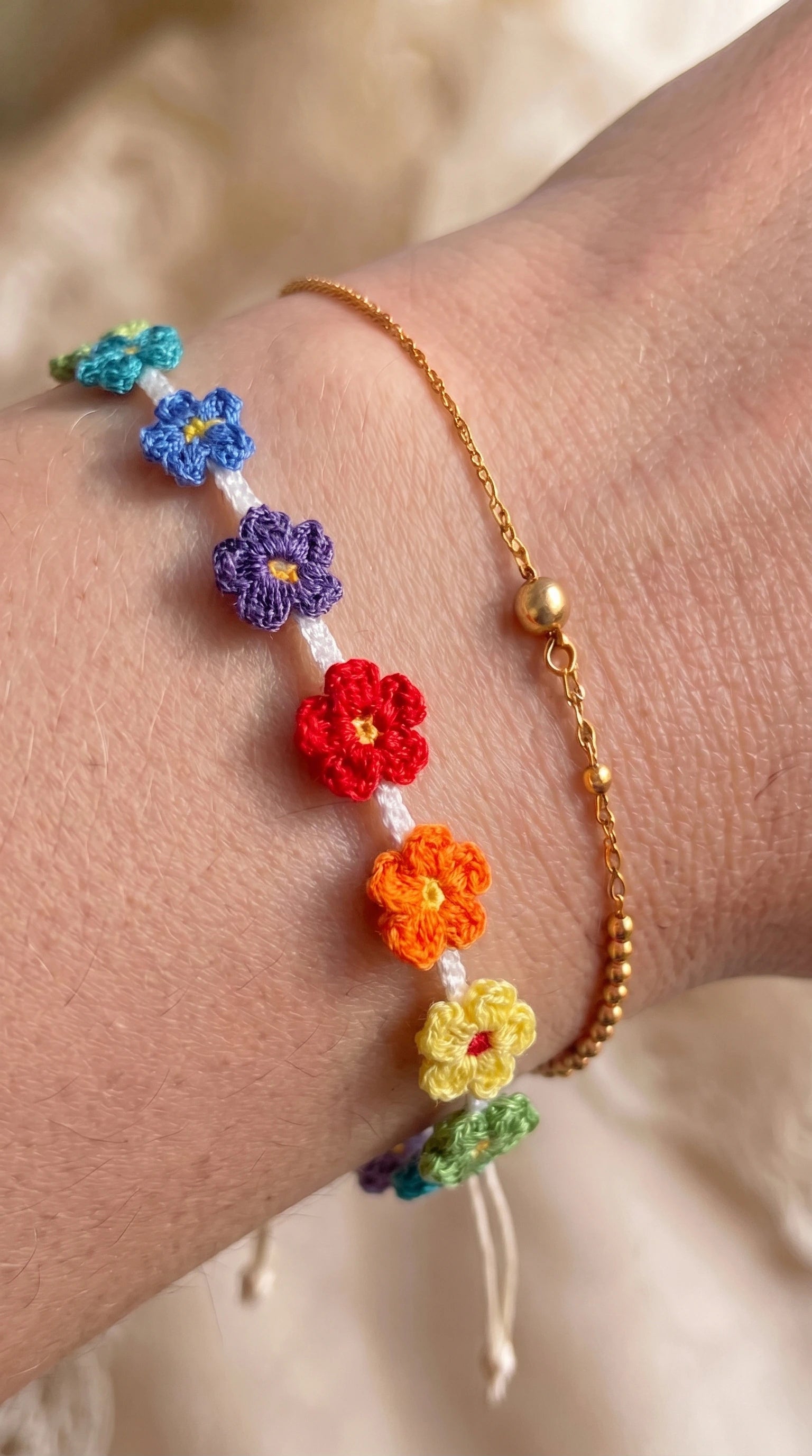 Dainty Rainbow Flower Bracelet – Crochet Pattern  – 2 Patterns in 1