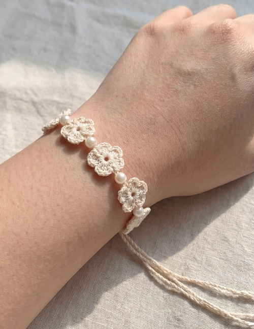 Crochet Flower Bracelet  with Pearl Beads –  2 Patterns in 1