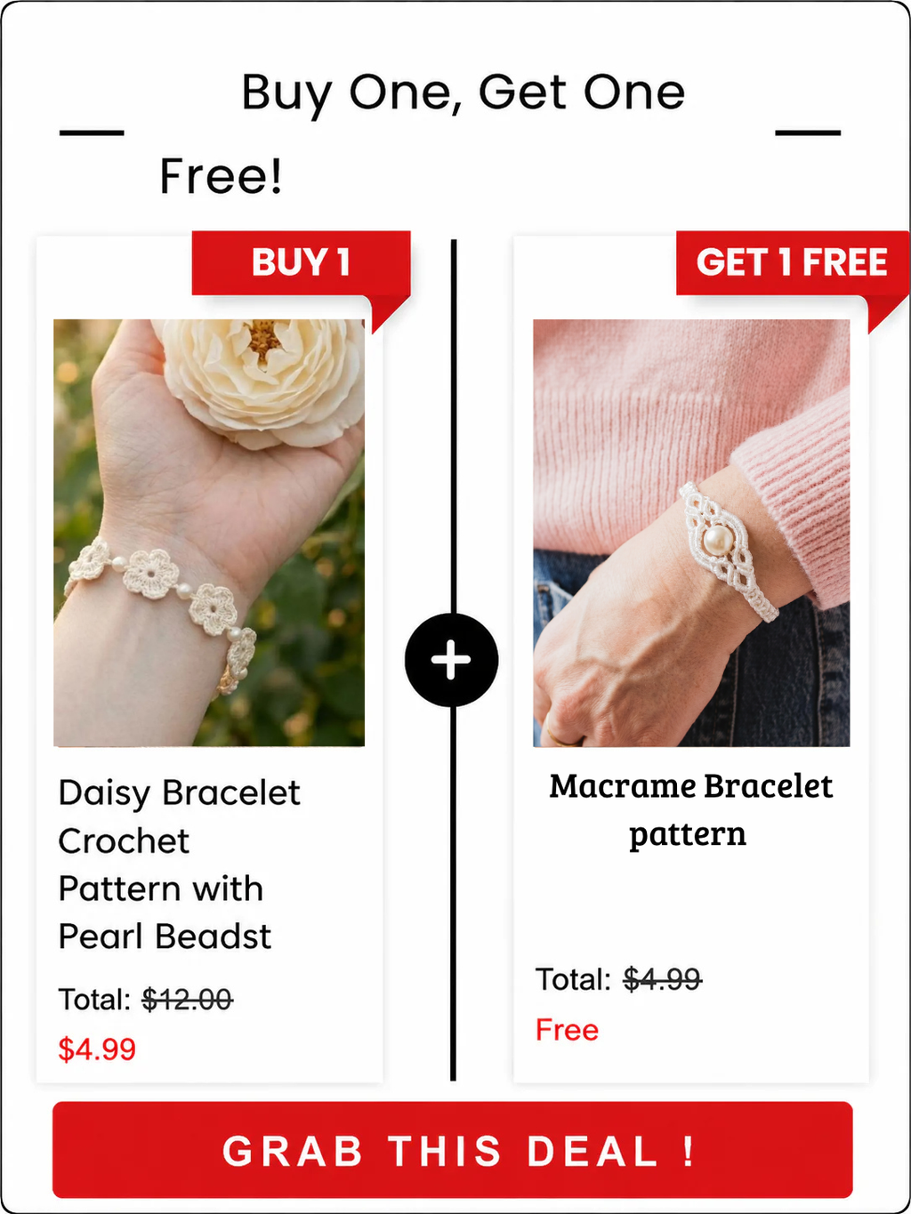 Crochet Flower Bracelet  with Pearl Beads –  2 Patterns in 1