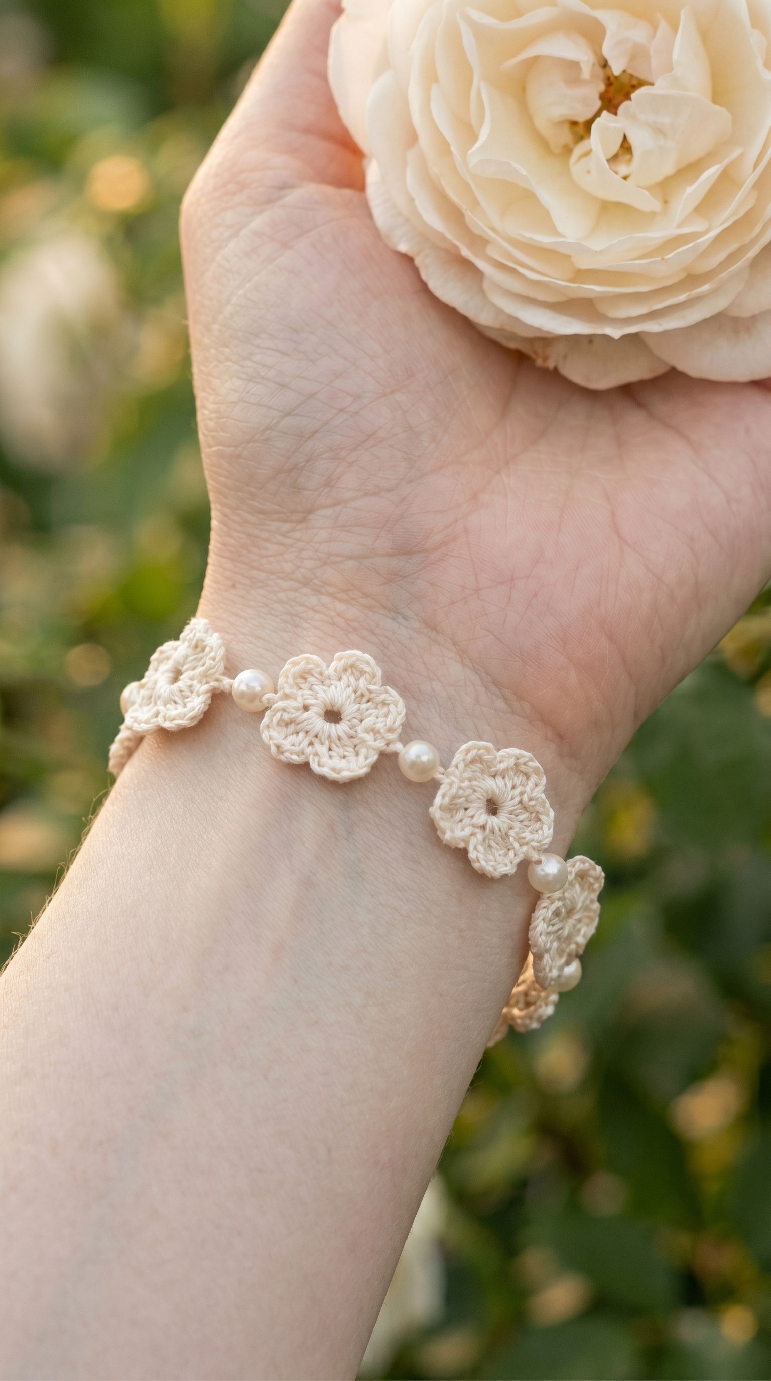 Crochet Flower Bracelet  with Pearl Beads –  2 Patterns in 1