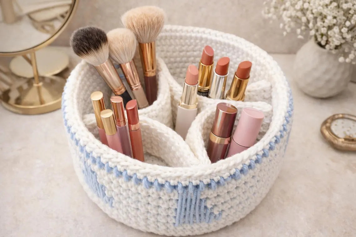 Large Crochet Storage Basket Pattern with Divider | Modern Desk & Vanity Organizer PDF